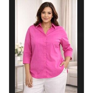 Foxcroft Appleseed’s Button Up Shirt Size 18 Shaped 3/4 Sleeve Wrinkle Free Pink